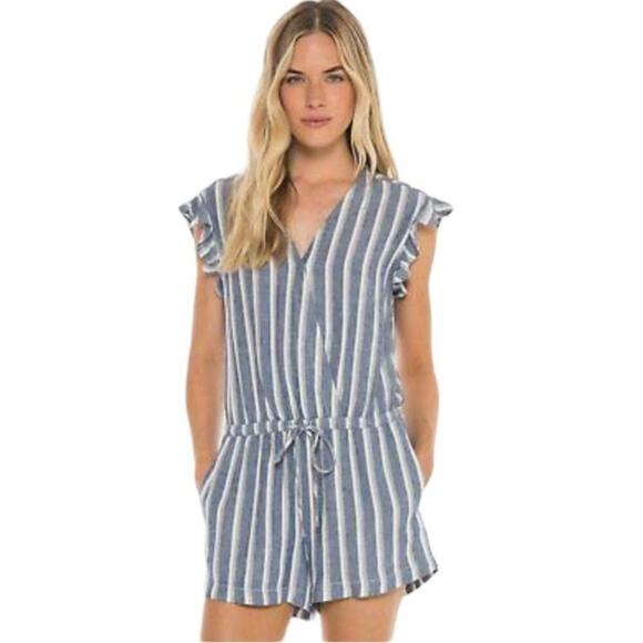 cloth & stone Pants - Cloth & Stone Ruffle Sleeveless Romper Linen Nautical Striped Beachy Cruise XS